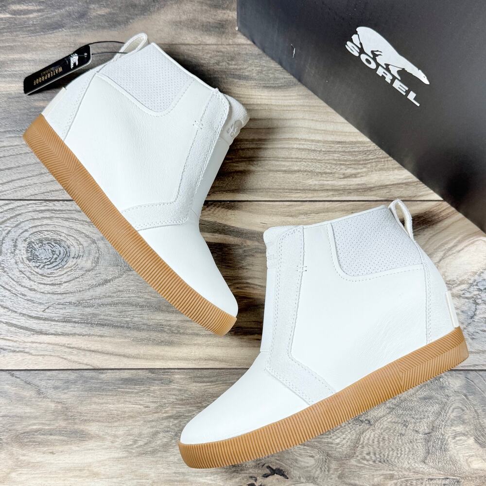 NIB Sorel Out N About Pull On Leather Wedge Sneaker Bootie 8.5 Sea Salt/Gum 2